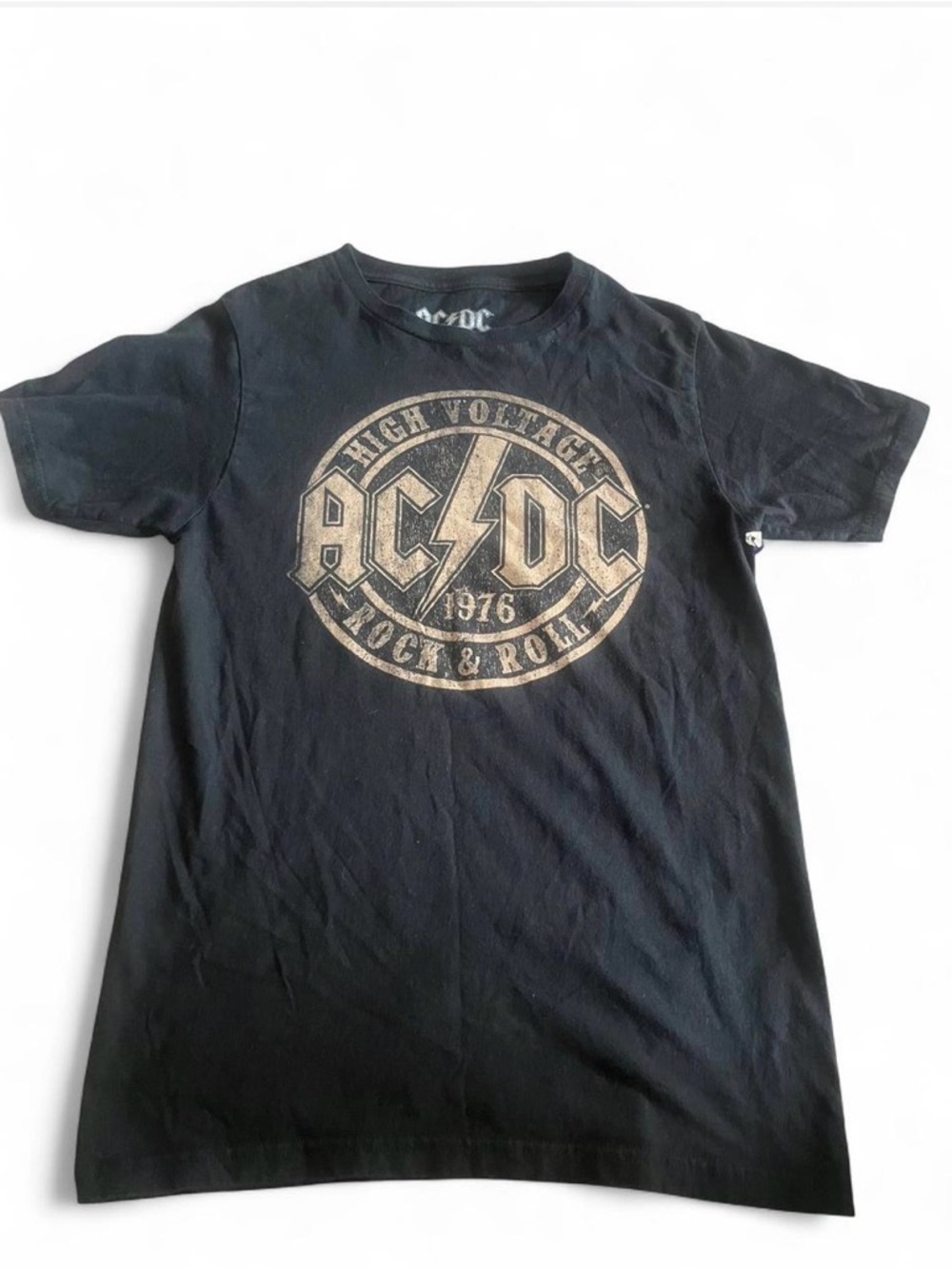 AC/DC Black Tee with Gold High Voltage Logo